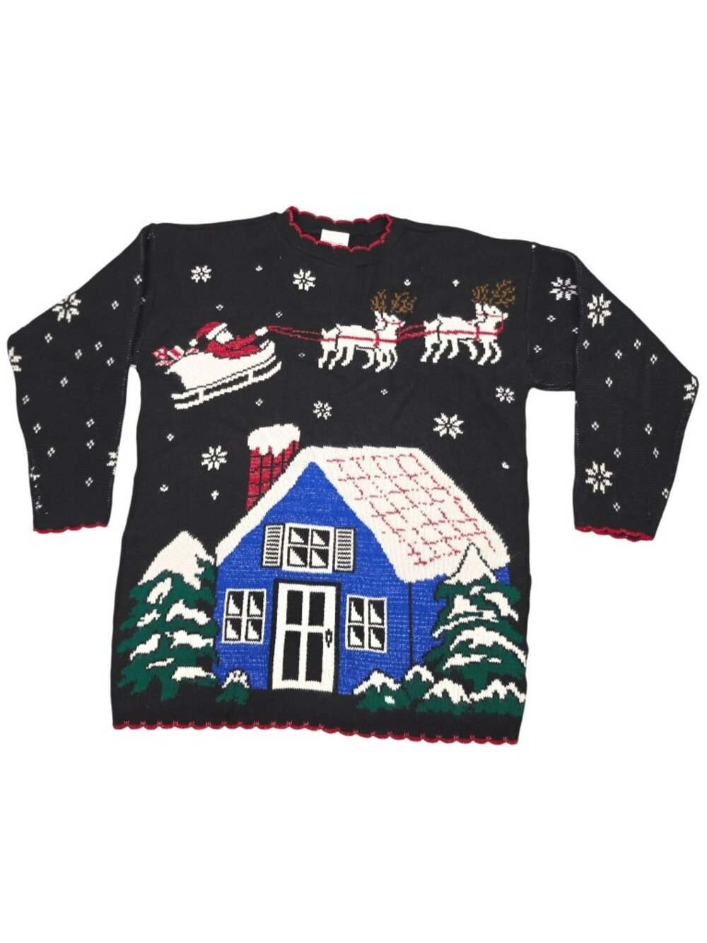 Vintage Holiday Time Christmas Sweater Santa Reindeer Sled House Medium USA Made